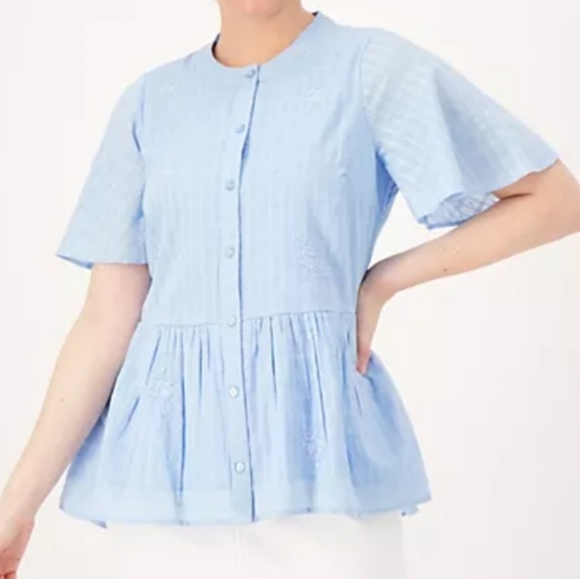 Isaac Mizrahi Live! Embroidered Textured Peplum Blouse | Light Blue XS A589914 - Picture 14 of 14